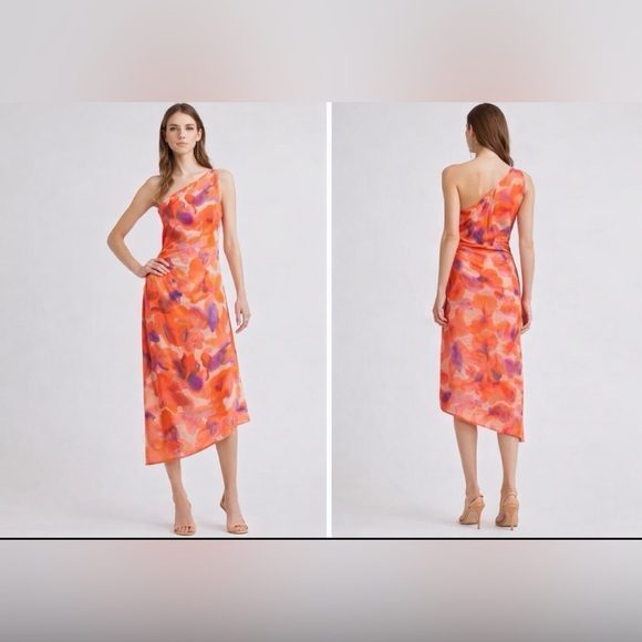 Chelsea28 Dresses & Skirts - Chelsea28 Midi Dress L Large Purple Orange Pink Floral Linen One Shoulder
